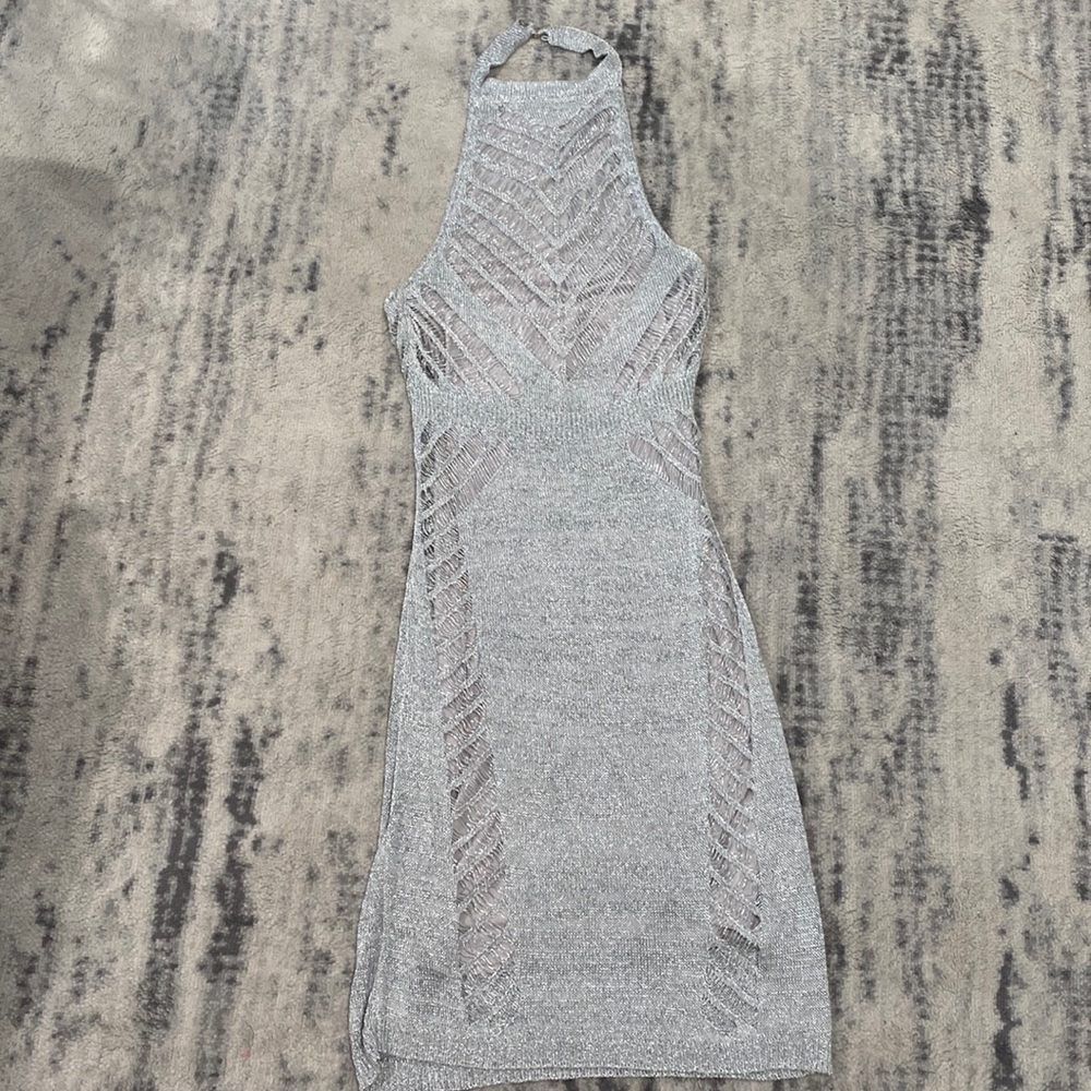 BEBE MERCURY METALLIC HALTER DRESS